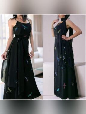 NWOT Cassandra Stone Elegant Black Dragonfly Maxi Dress With Matching Scarf